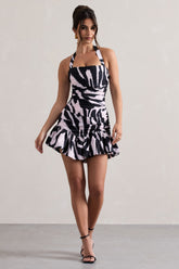 Zebra Print Halter-Neck Ruched Mini Dress With Ruffle Hem